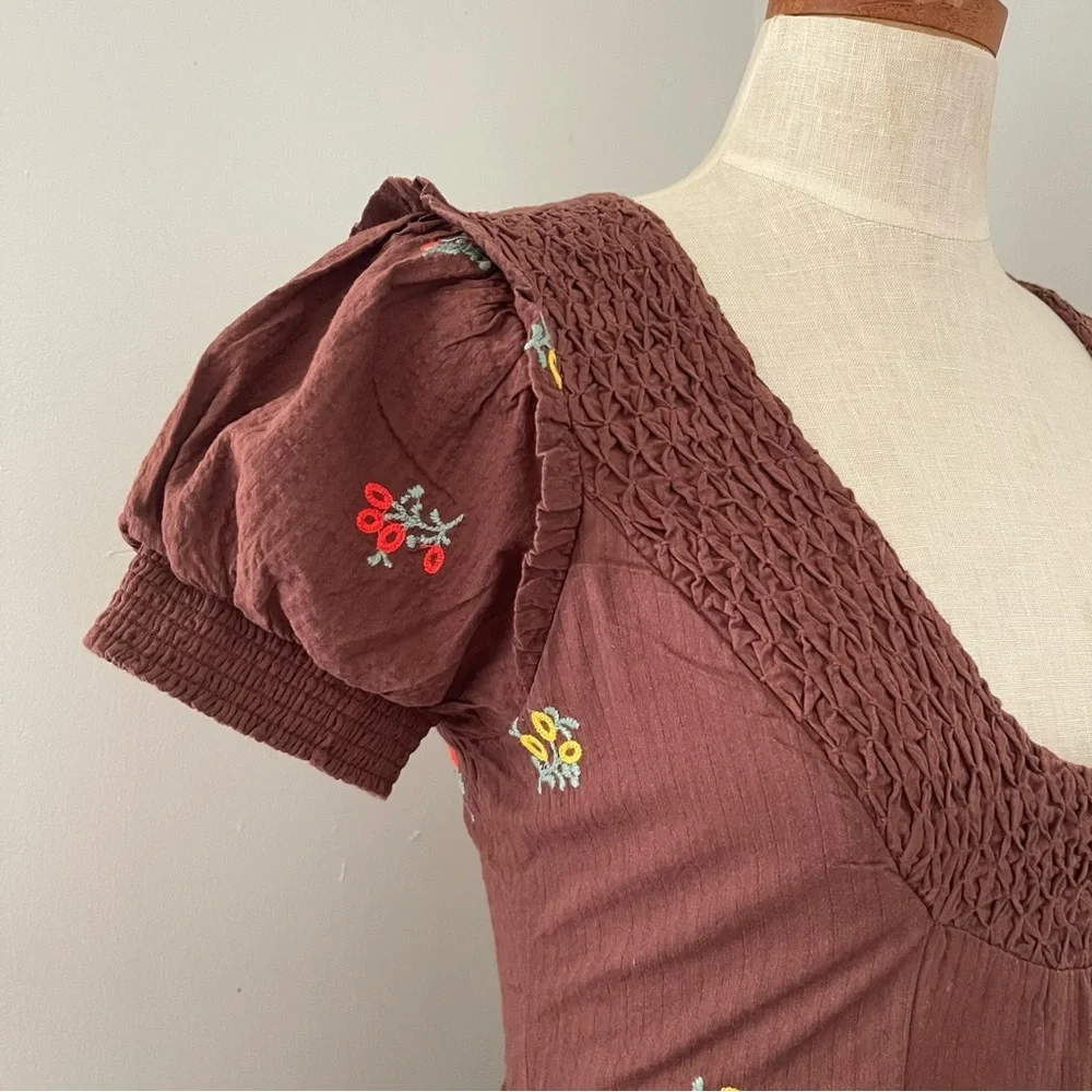 Prairie Core Free People Brown Maisie midi dress NWOT size Small embroidered